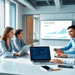 Équipe professionnelle collaborant sur la vérification d’e-mails en ligne dans un bureau moderne.