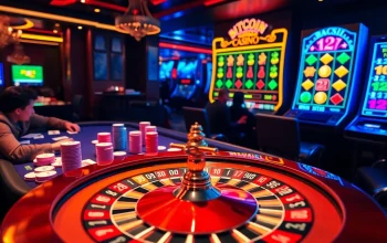 Engaging scene of a Bitcoin casino showcasing players at poker and a lively roulette wheel.