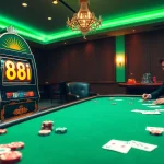 Experience thrilling online gambling with 88i at a luxurious casino scene featuring slot machines and poker tables.