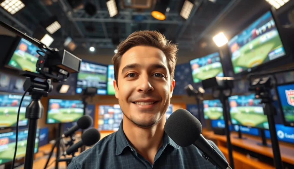 Live sports broadcasting in an energetic studio with vibrant lighting and technology.
