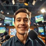 Live sports broadcasting in an energetic studio with vibrant lighting and technology.