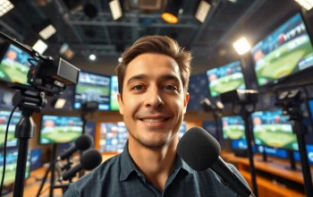 Live sports broadcasting in an energetic studio with vibrant lighting and technology.