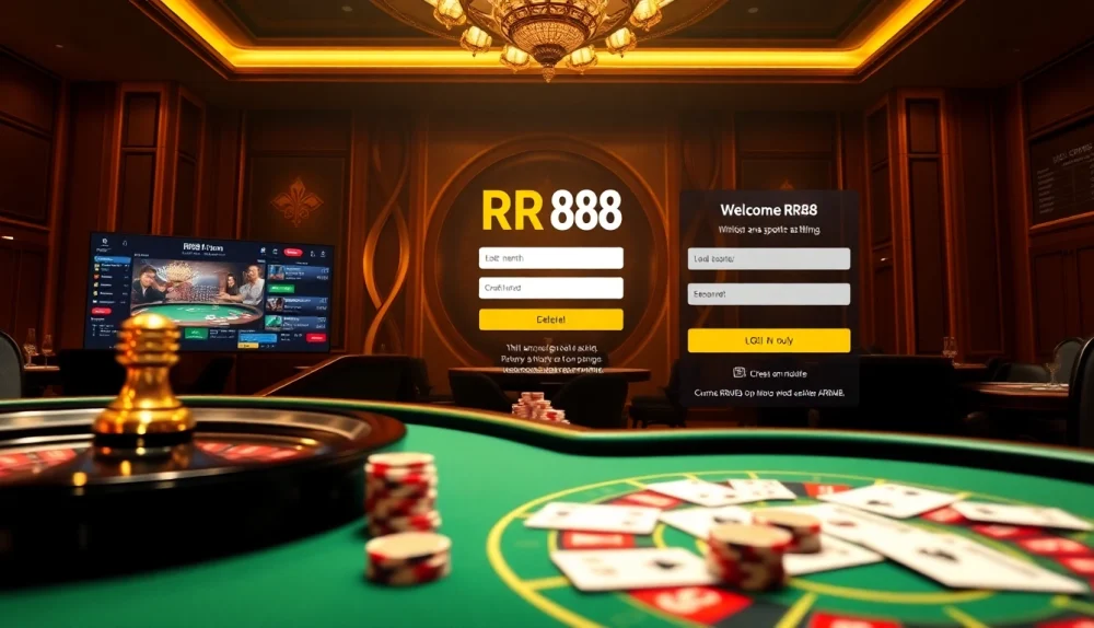 Engage with đăng nhập rr88 at a luxurious casino featuring vibrant gaming tables and roulette wheels.