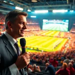 Broadcasting Sports Broadcasting live in a lively stadium filled with cheering fans.