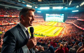 Broadcasting Sports Broadcasting live in a lively stadium filled with cheering fans.
