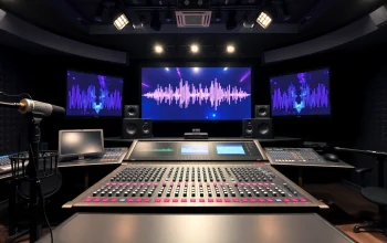 Q388 digital mixing console in a professional audio studio, showcasing advanced sound technology.
