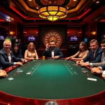 Players engaging in a high-stakes poker game inspired by https://fsbet.app/ with luxurious casino elements.
