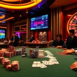 High-stakes poker table from https://kkwin.fan/ features exciting gameplay with vibrant poker chips and cards.