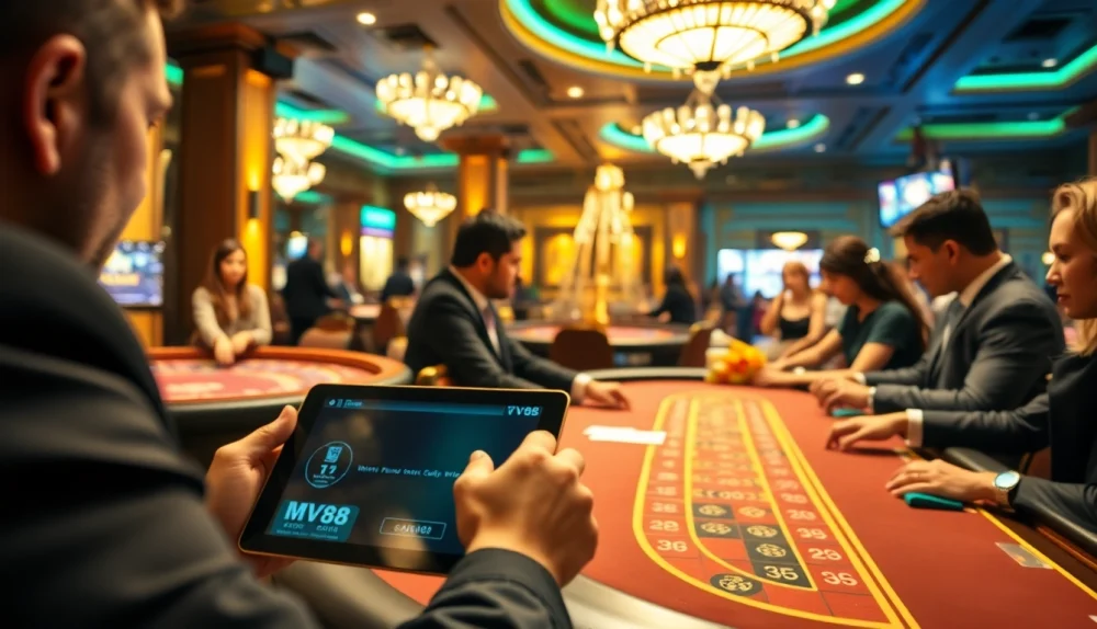 Engage in thrilling casino games at MV88, featuring poker chips, roulette, and digital interfaces.