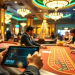 Engage in thrilling casino games at MV88, featuring poker chips, roulette, and digital interfaces.