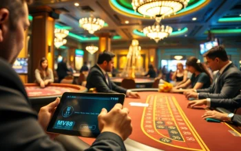 Engage in thrilling casino games at MV88, featuring poker chips, roulette, and digital interfaces.